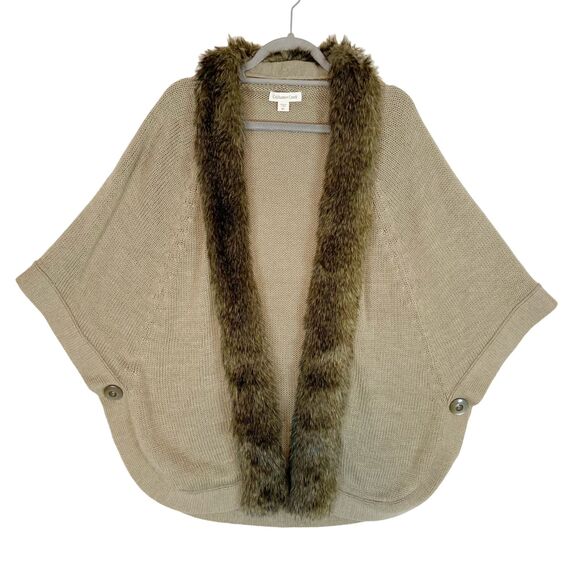 Coldwater Creek Sweater Women's Size M/L Brown Poncho Knit Wool Blend Faux Fur - Picture 1 of 6